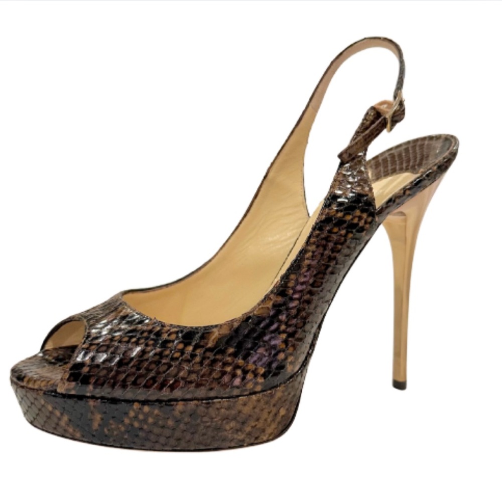 Jimmy Choo Snakeskin Black/ Brown Slingback with Gold Heel.